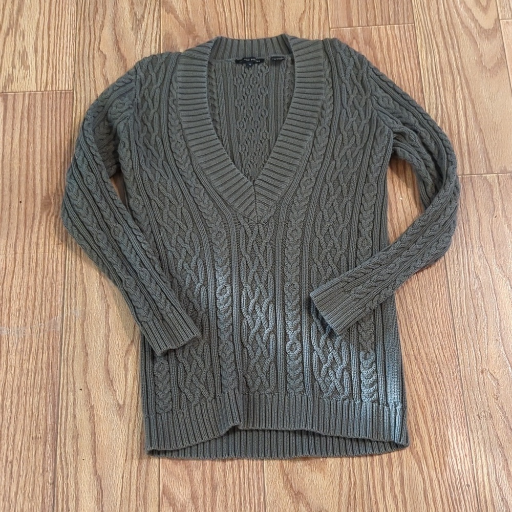 Jeanne Pierre olive green cable knit sweater v-neck cotton women's size small
